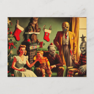 Skräckspookig jul retro familjeporträtt vykort