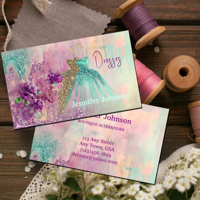 Skräddare för klänningar Abstrakt glitter Visitkort (Fancy Dresses Tailor Abstract Glitter Business Card #zazzlemade #fashiondesigner #dressmaker #tailor)