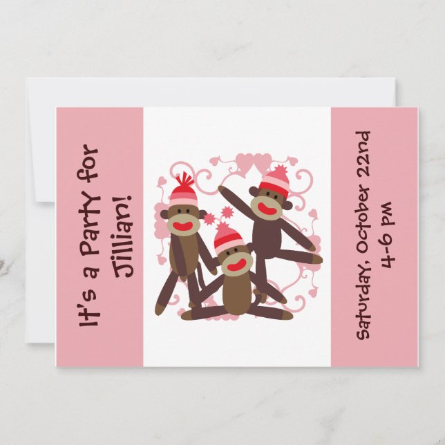 Skräddarsy inbjudningar för flickasock monkey 5x7 (Framsida)