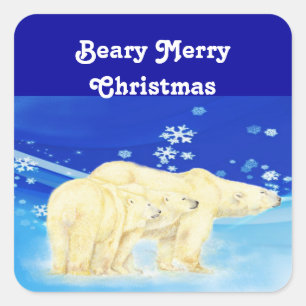 Skräddarsy polara björnar för Beary god jul Fyrkantigt Klistermärke