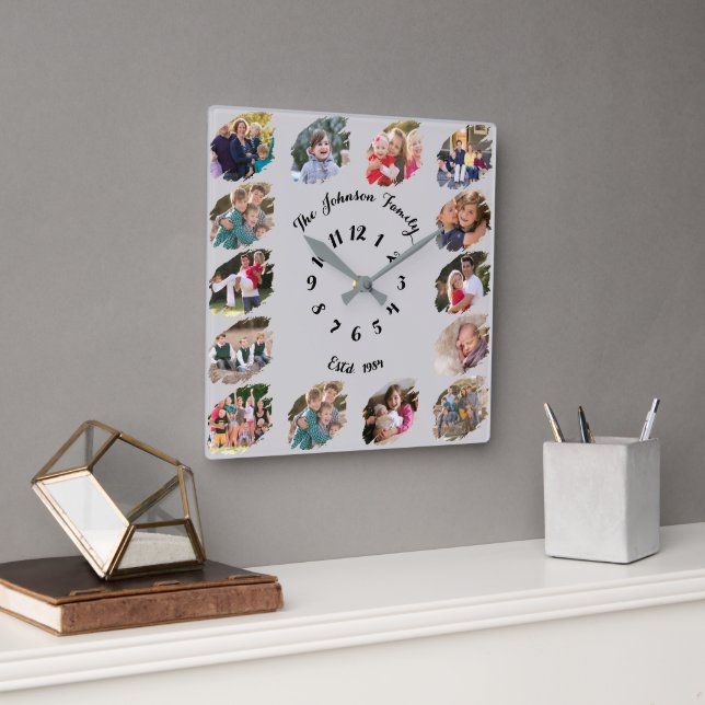 Skräddarsydd familjefotocollage Ljusgrå Grå Fyrkantig Klocka (Kontor)