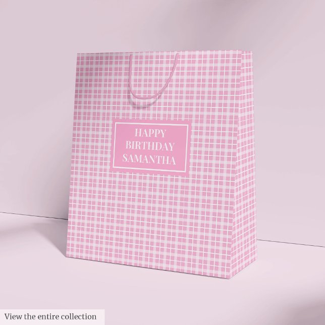 Skräddarsydd presentpåse med klassisk rosa rutmöns (Birthday Gift Bag Pink Plaid Monogram Keepsake)