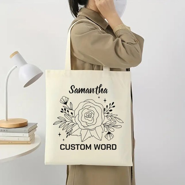 Skräddarsydd väskor till brudtärnor, blommig prese (minimalist floral tote bag, custom name tote, personalized gift for her, bridesmaid tote bag)