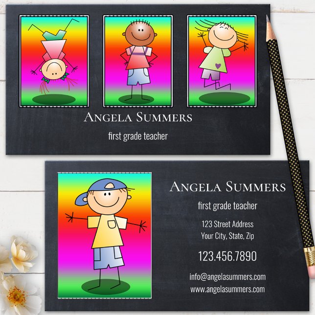 Skräddarsydda illustrationer för lärare på svart t visitkort (Business card featuring your photos or illustrations on chalkboard - teacher - blackboard - cute)