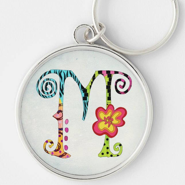 Skraj färgrik Monogram Keychain för brev M Rund Silverfärgad Nyckelring (Framsidan)
