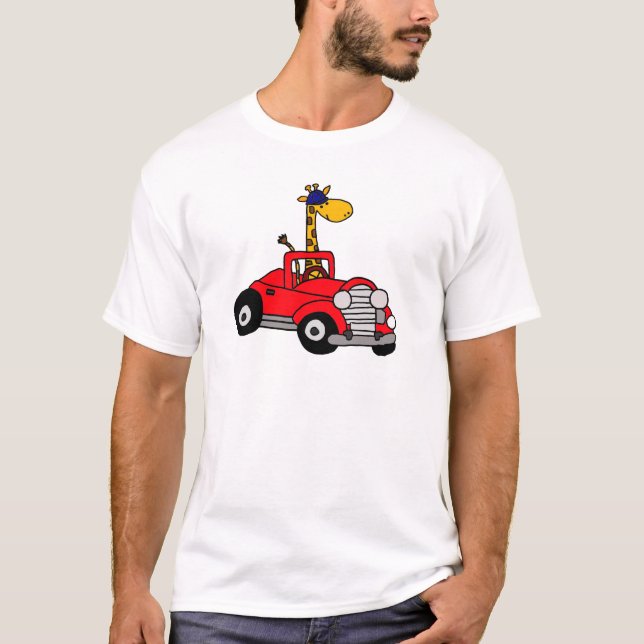 Skraj giraff som kör röd cabriolet tröja (Framsida)