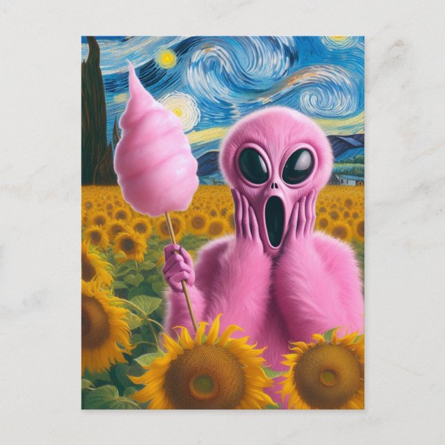 Skräm Alien Holding Cotton Candy Sunblommor Vykort (Framsida)