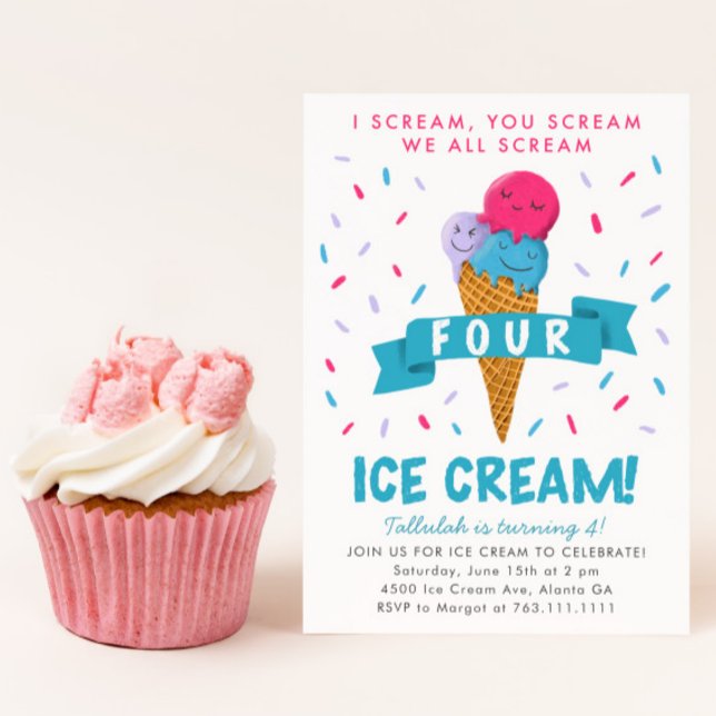 Skräm Four Ice Cream 4e födelsedagen Party Inbjudningar (Skapare uppladdad)