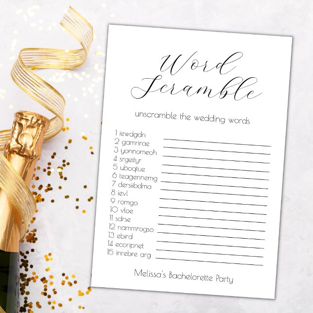 Skramble Bachelorette-partiet bröllop Ord Kort (wedding word scramble bachelorette party game word scramble bridal shower elegant minimalist)