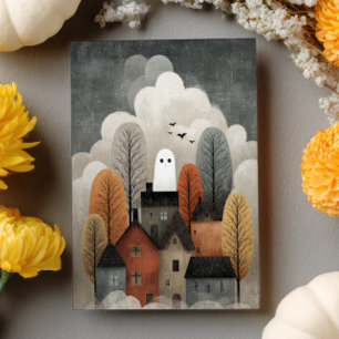 Skrämcystra spökstads vattenfärg Halloween Vykort