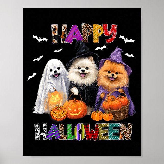 Skrämd Pembroke Pomeranian Hund Häxa Hatt Hallowee Poster (Framsidan)