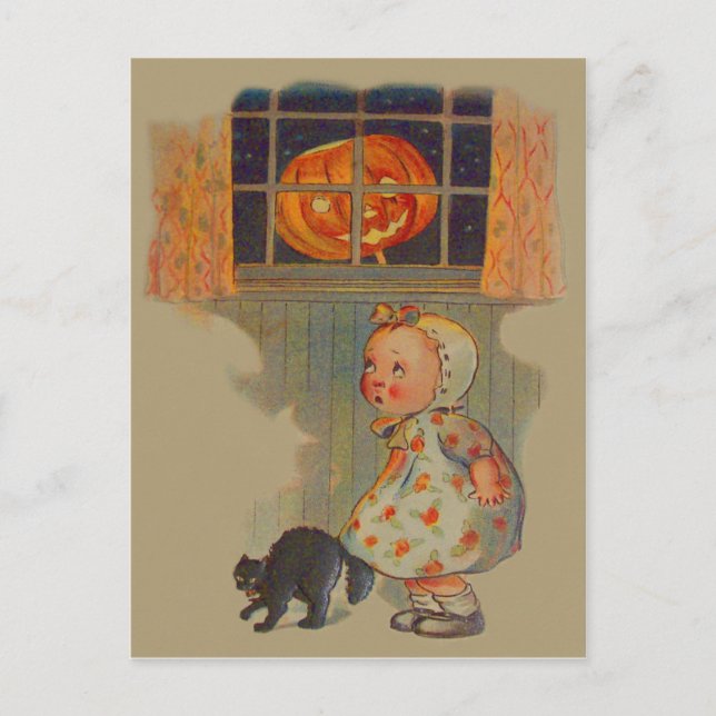 Skrämd tjej Jack O' Lantern svart katt bus Vykort (Framsida)