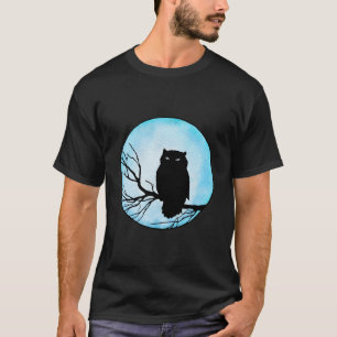 Skrämd Vintage-Uggla med Blått Vattenfärg Måne T Shirt