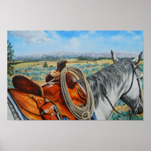 Skrämma hästen, sadeln, cowboyen, berg landskap poster