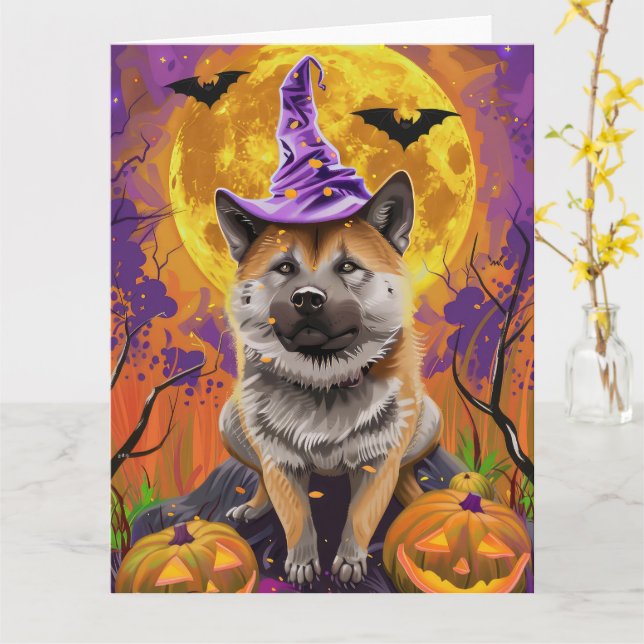 Skrämmande Akita Halloweenhäxa och pumpa Kort (Gul blomma)