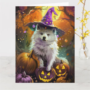 Skrämmande amerikansk eskimå Halloween-häxa och pu Kort
