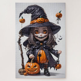 Skrämmande animerad Halloween-häxa, Jack-O-Lantern Pussel