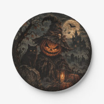 Skrämmande antika halloweenpumpapapperstallrikar