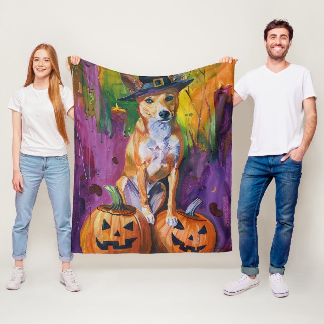 Skrämmande Basenji Halloween Häxa Och Pumpa Fleecefilt (På plats)