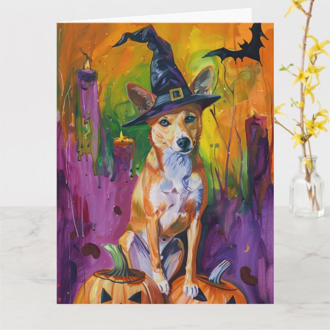 Skrämmande Basenji Halloween Häxa Och Pumpa Kort (Gul blomma)