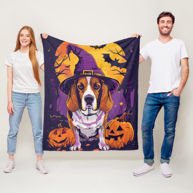 Skrämmande Beagle Halloween-häxa och pumpa Fleecefilt (På plats)