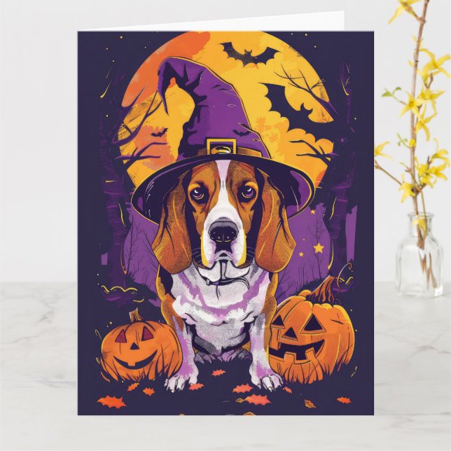 Skrämmande Beagle Halloween-häxa och pumpa Kort (Gul blomma)