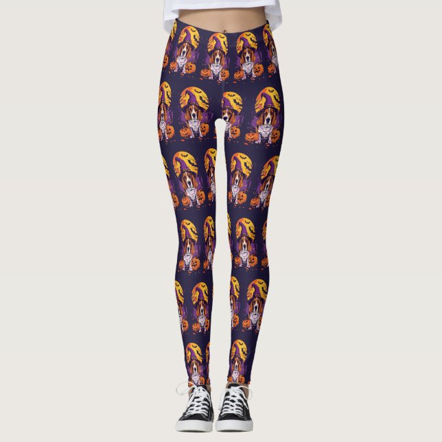 Skrämmande Beagle Halloween Häxa Och Pumpa Leggings (Framsida)