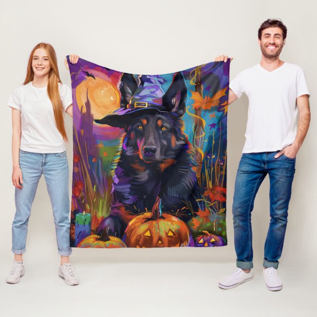 Skrämmande belgisk vallhund Halloween häxa pumpa Fleecefilt (På plats)