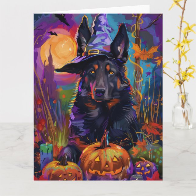Skrämmande belgisk vallhund Halloween häxa pumpa Kort (Gul blomma)