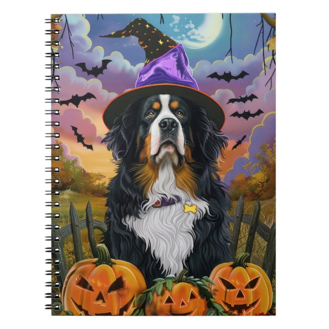 Skrämmande Bernese Mountain Halloween-häxa Pumpa Anteckningsbok (Framsidan)