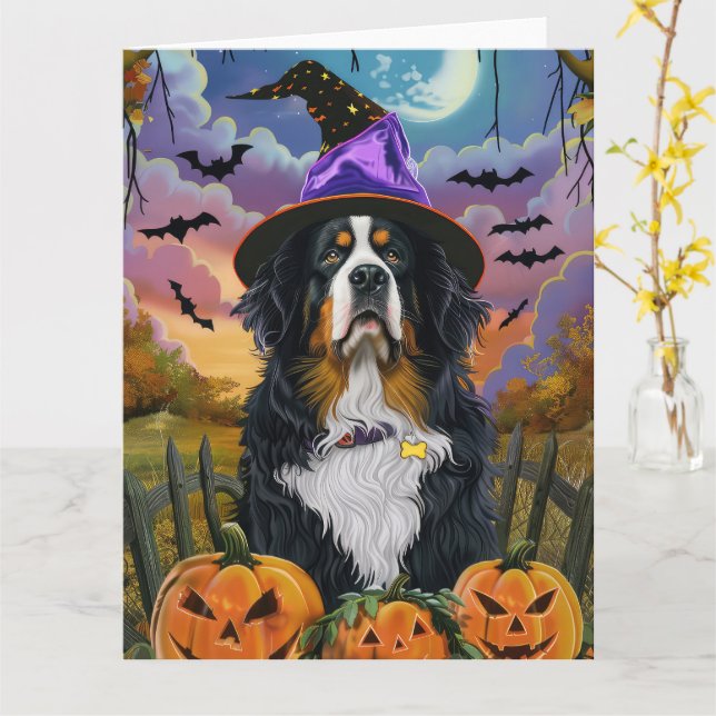 Skrämmande Bernese Mountain Halloween-häxa Pumpa Kort (Gul blomma)