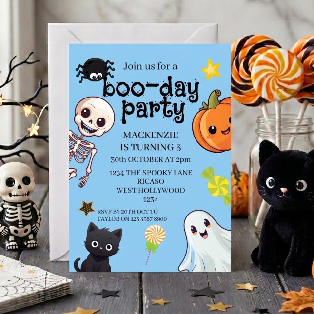 Skrämmande Boo-dags födelsedags Halloween-fest Inbjudningar (Spooky Boo-Day Birthday Halloween Party Invitation
by Ricaso. Ideal for kids of any age.)