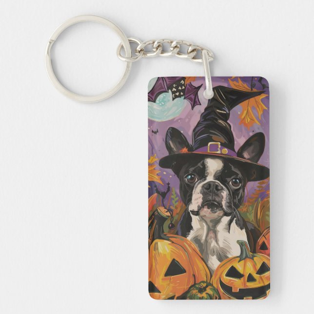 Skrämmande Boston Terrier Halloween-Häxa och Pumpa (Framsidan)