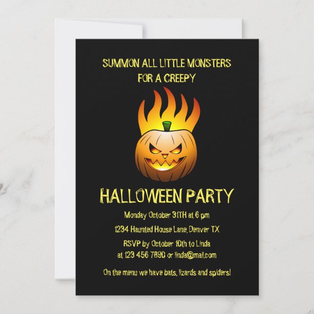 Skrämmande brinnande Halloween-pumpa inbjudan (Framsida)