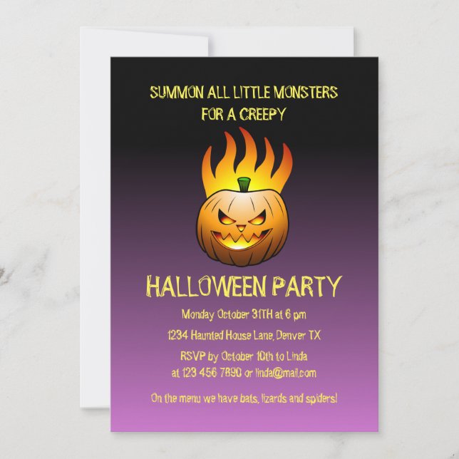 Skrämmande brinnande Halloween-pumpa inbjudan (Framsida)