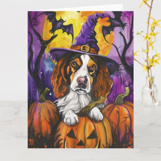 Skrämmande Brittany Spaniel Halloween-häxa Pumpa  Kort (Gul blomma)