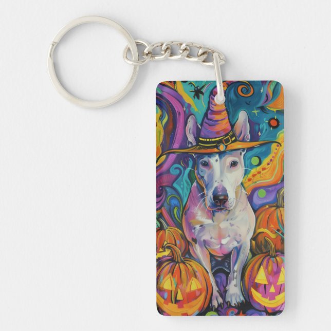 Skrämmande Bull Terrier Halloween Häxa Och Pumpa (Framsidan)