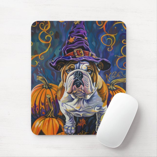 Skrämmande Bulldog Halloween-Häxa Och Pumpa Musmatta (Med mus)