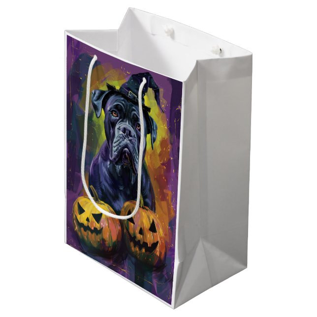 Skrämmande Bullmastiff Hund Halloween Häxa Och Pum (Framsidan Vinklad)