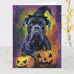 Skrämmande Bullmastiff Hund Halloween Häxa Och Pum Kort