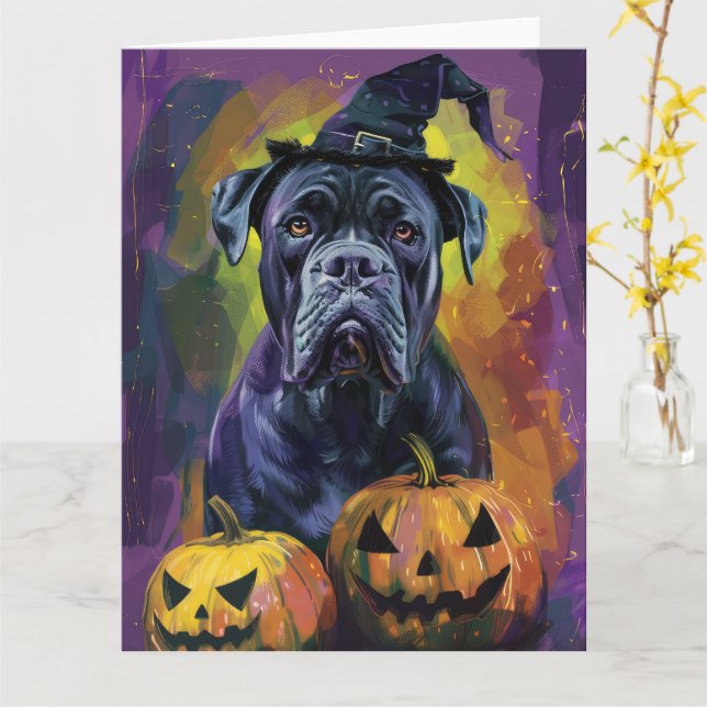 Skrämmande Bullmastiff Hund Halloween Häxa Och Pum Kort (Gul blomma)