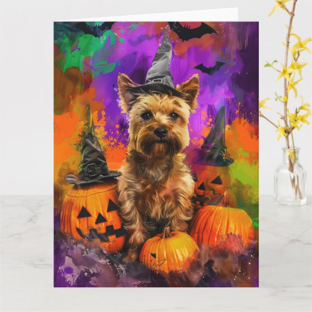 Skrämmande Cairn Terrier Hund Halloween Häxa Pumpa Kort (Gul blomma)