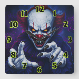 Skrämmande clown fyrkantig väggklocka