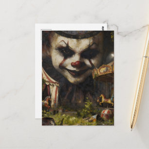 Skrämmande clown på en övergiven cirkus vykort