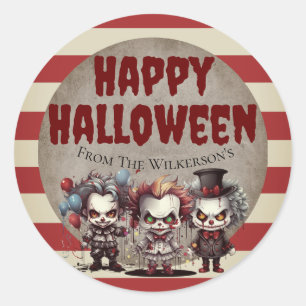 Skrämmande clownar kuslig Halloween karneval Runt Klistermärke