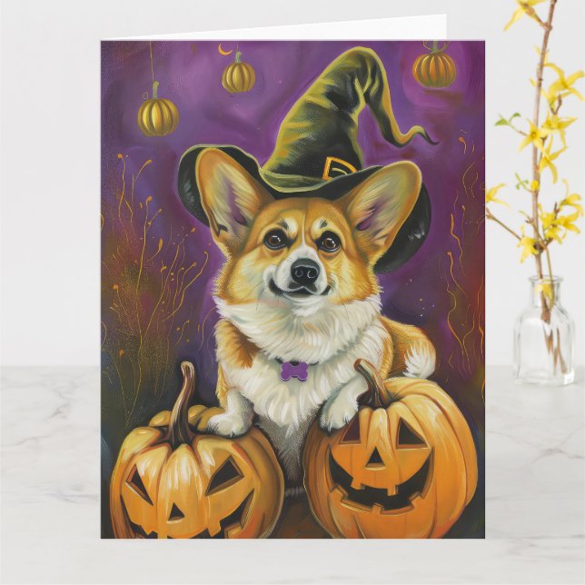Skrämmande Corgi Hund Halloween Häxa Pumpa Kort (Gul blomma)