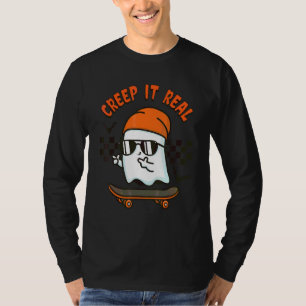 Skrämmande Creep it Real Ghost Skateboard Hallowee T Shirt