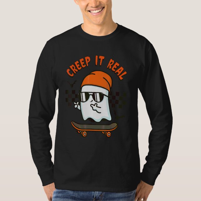 Skrämmande Creep it Real Ghost Skateboard Hallowee T Shirt (Framsida)