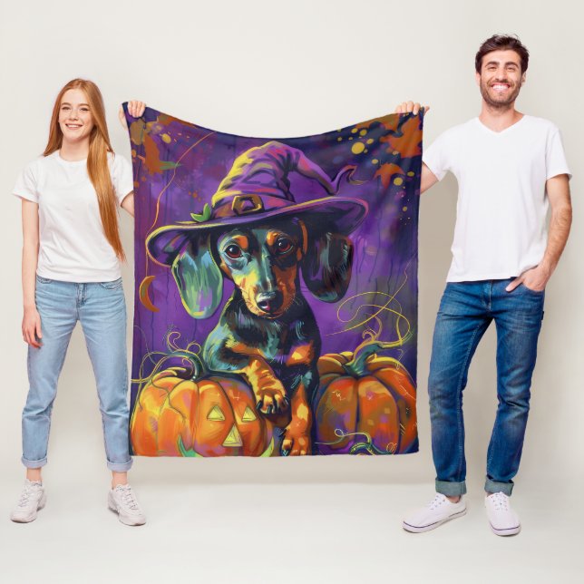 Skrämmande Dackel Hund Halloween Häxa Och Pumpa Fleecefilt (På plats)