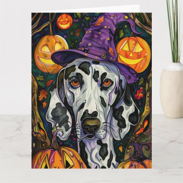 Skrämmande dalmatiner Halloween-häxa och pumpa Kort (Framsida)